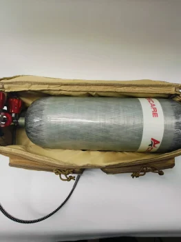 Acecare 9L Carbon Fibre Cylinder with Red Gauge Valve Filling Station and Khaki Multi-Pocket Cylinder Bag New Combo Kit